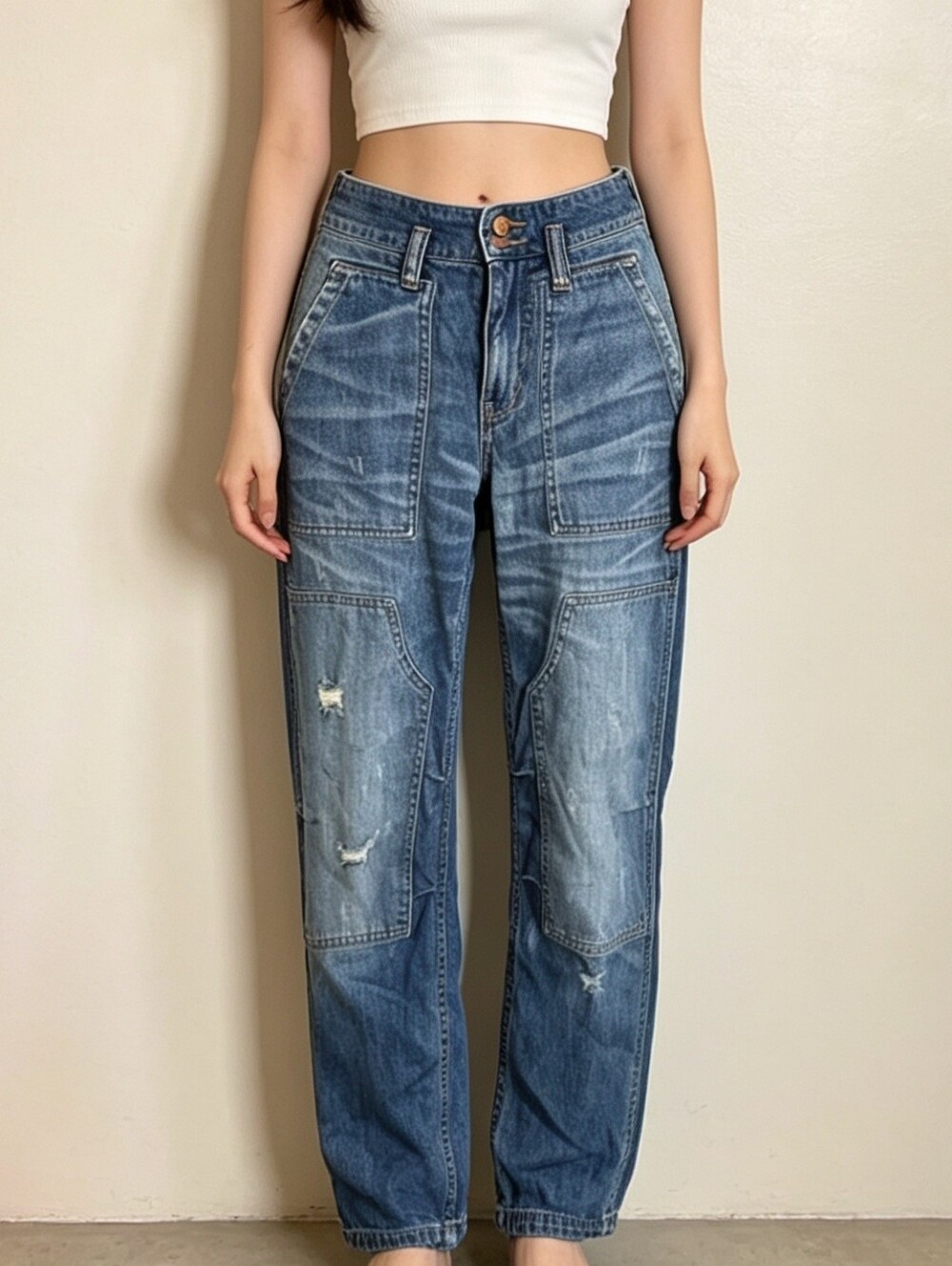 Distressed High-Waist Patch Pocket Jeans - Blue